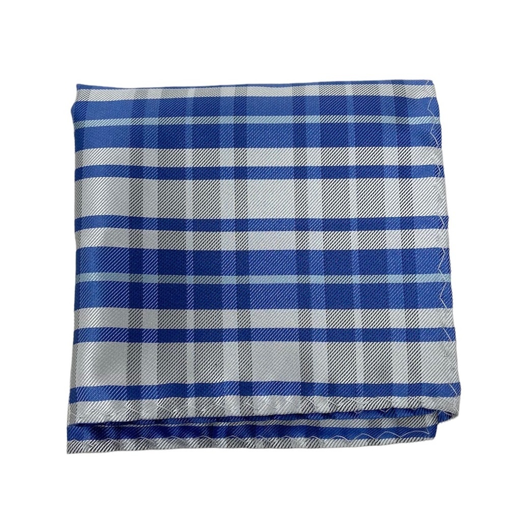 Men’s Suit Pocket Square 100% Polyester Blue and Grey Plaid Pattern.